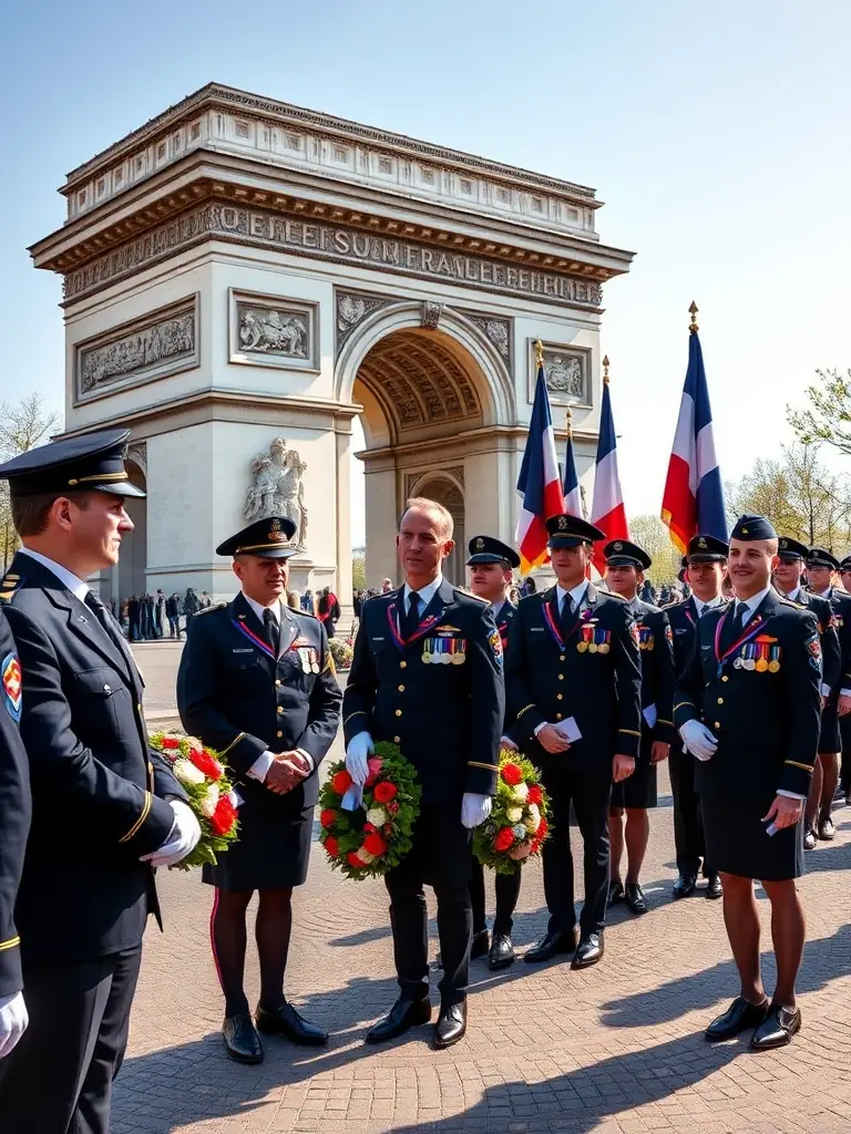 Image of Le Souvenir Francais members laying wreaths at a monument during a Remembrance Day ceremony.