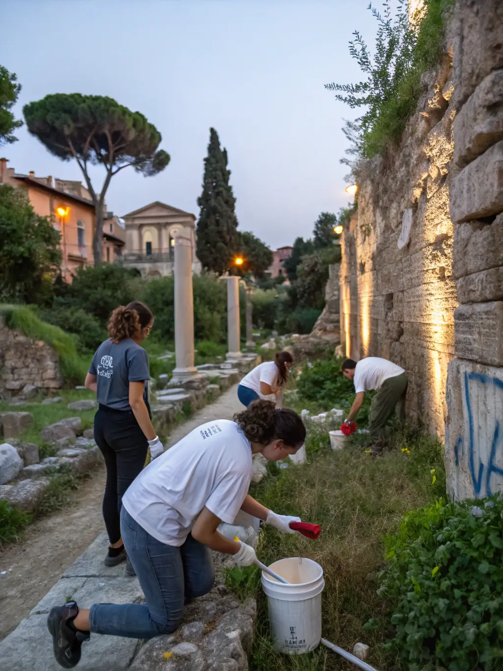 A photograph of volunteers cleaning and restoring a war memorial in a French cemetery, showcasing the dedication to preserving historical sites.