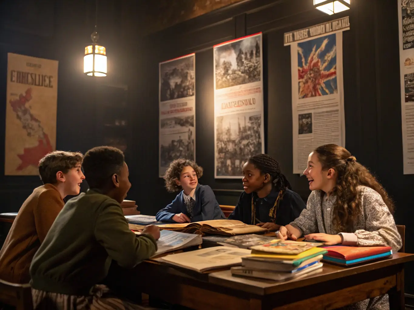 A classroom setting where a historian is teaching students about French history and the importance of remembrance.