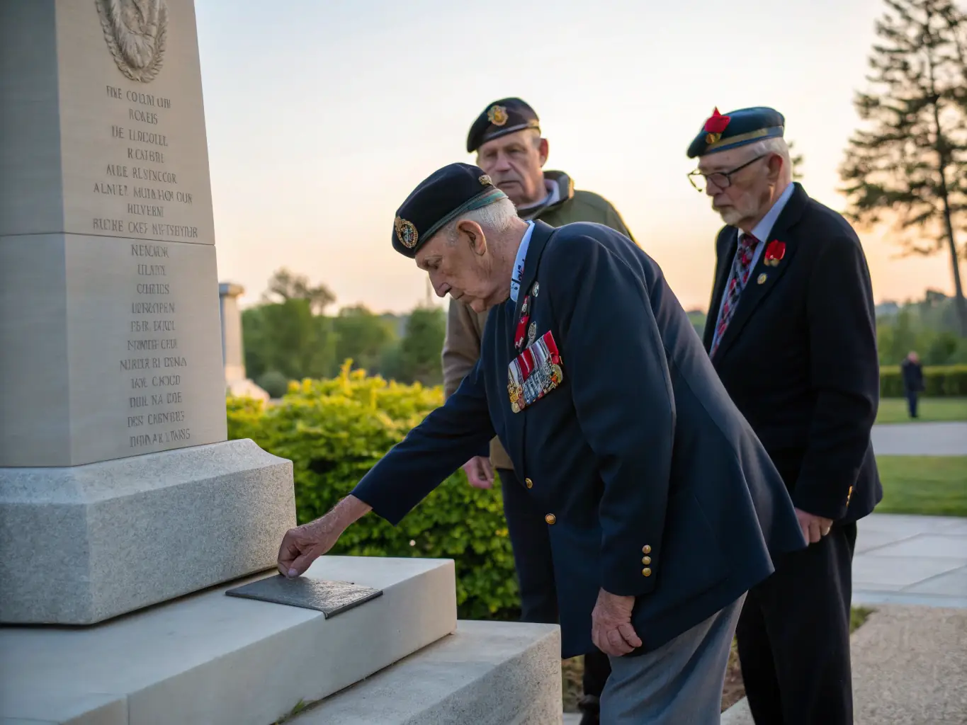 A solemn commemorative ceremony in France, with attendees paying respects to the fallen soldiers.