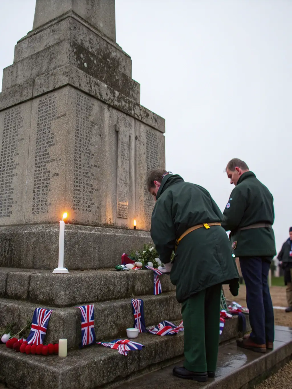 A solemn commemorative ceremony at a war memorial, with veterans, officials, and citizens paying their respects to the fallen.